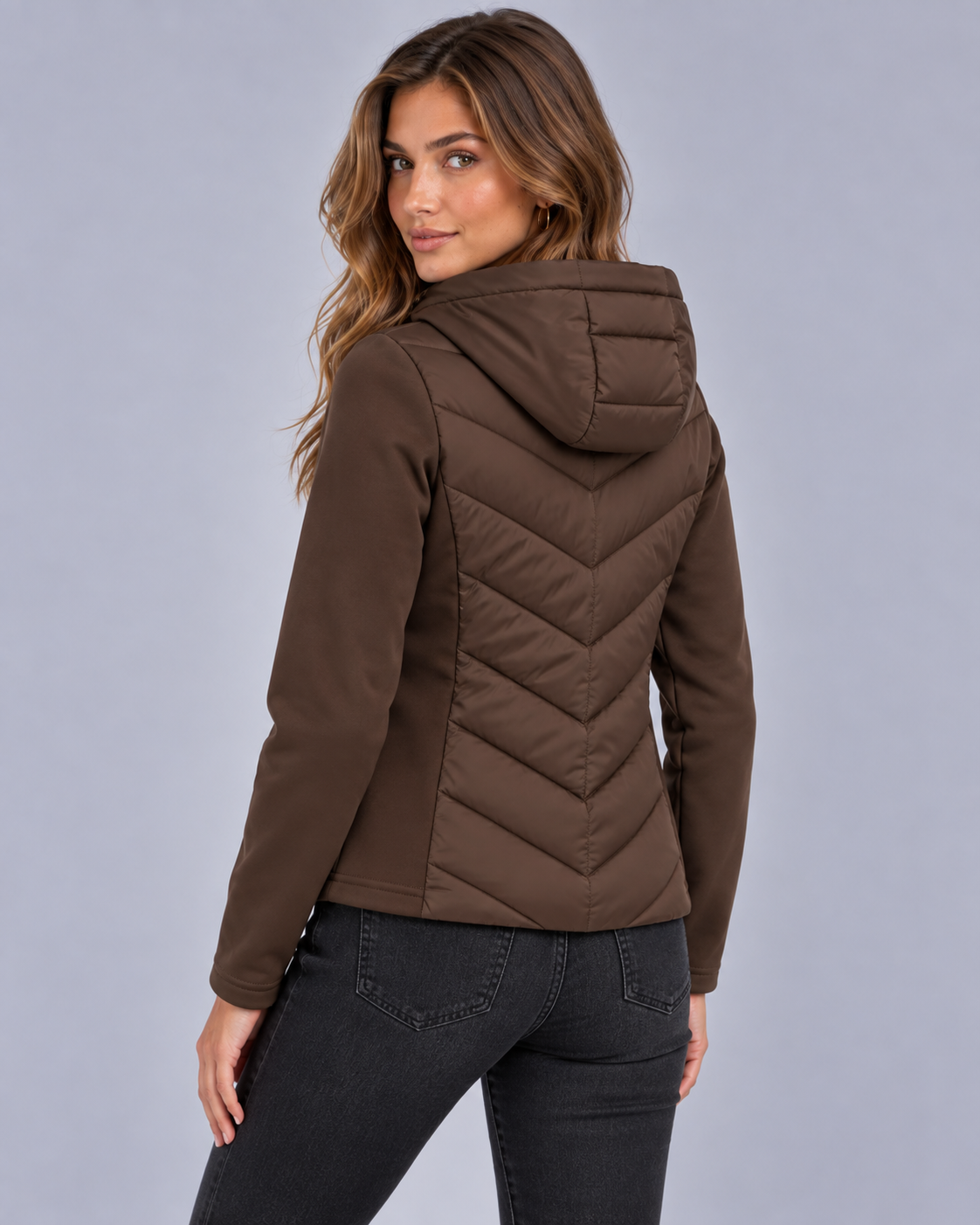 Women's Hooded Quilted Puffer Jacket | Chevron Padded Zip-Up Coat