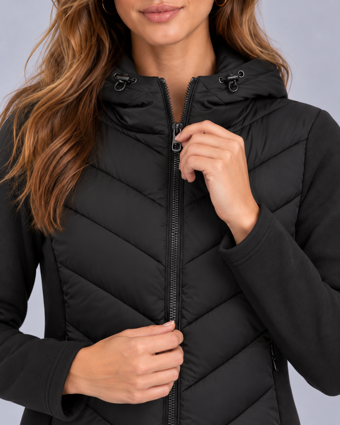 Women's Hooded Quilted Puffer Jacket | Chevron Padded Zip-Up Coat