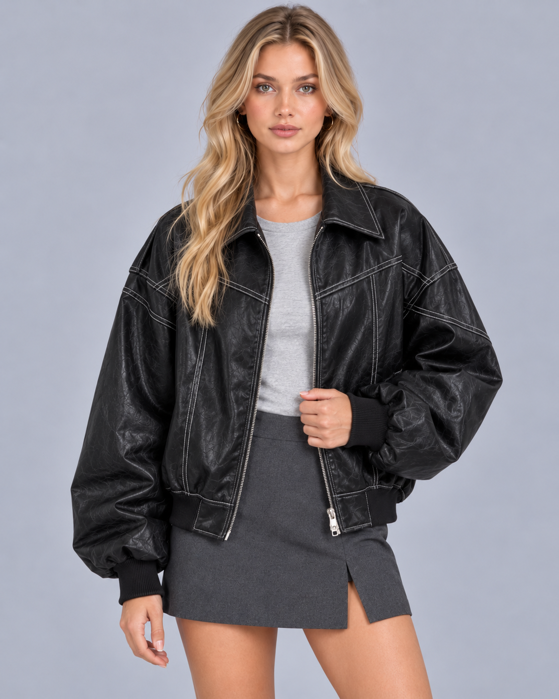 Women's Contrast Stitch Bomber Jacket with Oversized Fit