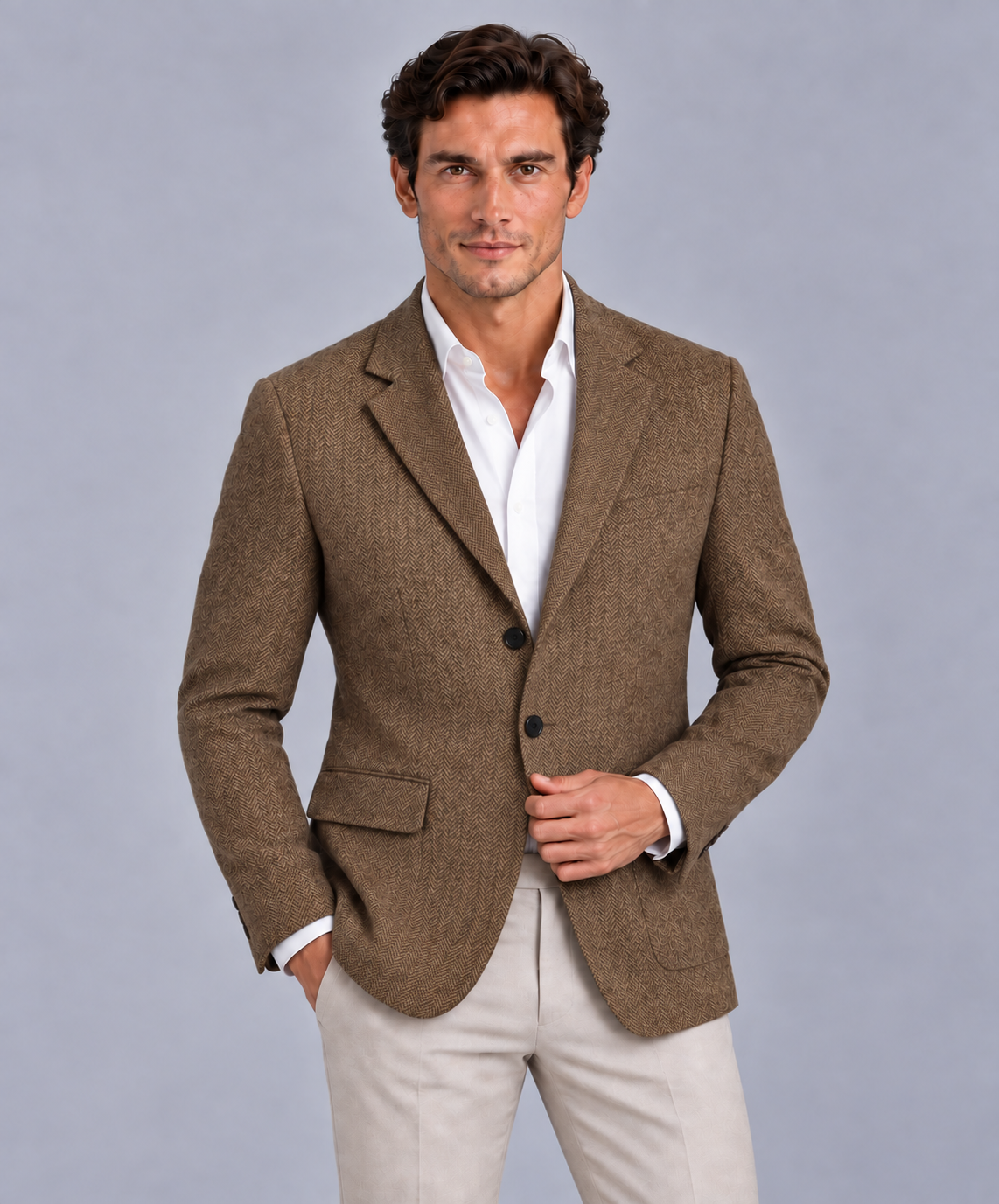 Men's Herringbone Wool Blazer with Tailored Slim-Fit