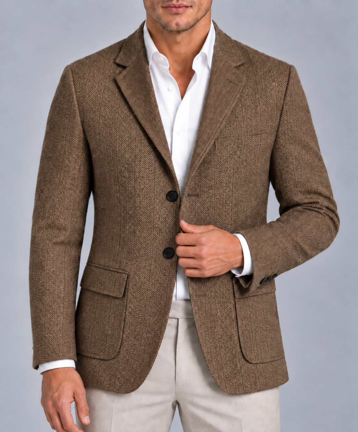 Men's Herringbone Wool Blazer with Tailored Slim-Fit