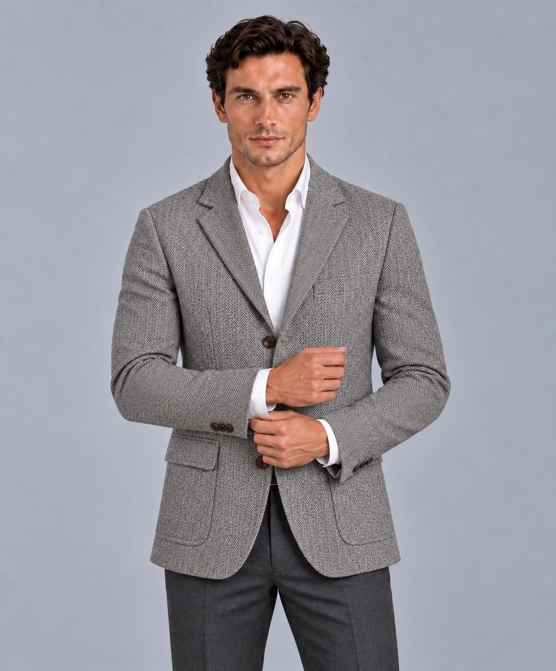 Men's Herringbone Wool Blazer with Tailored Slim-Fit