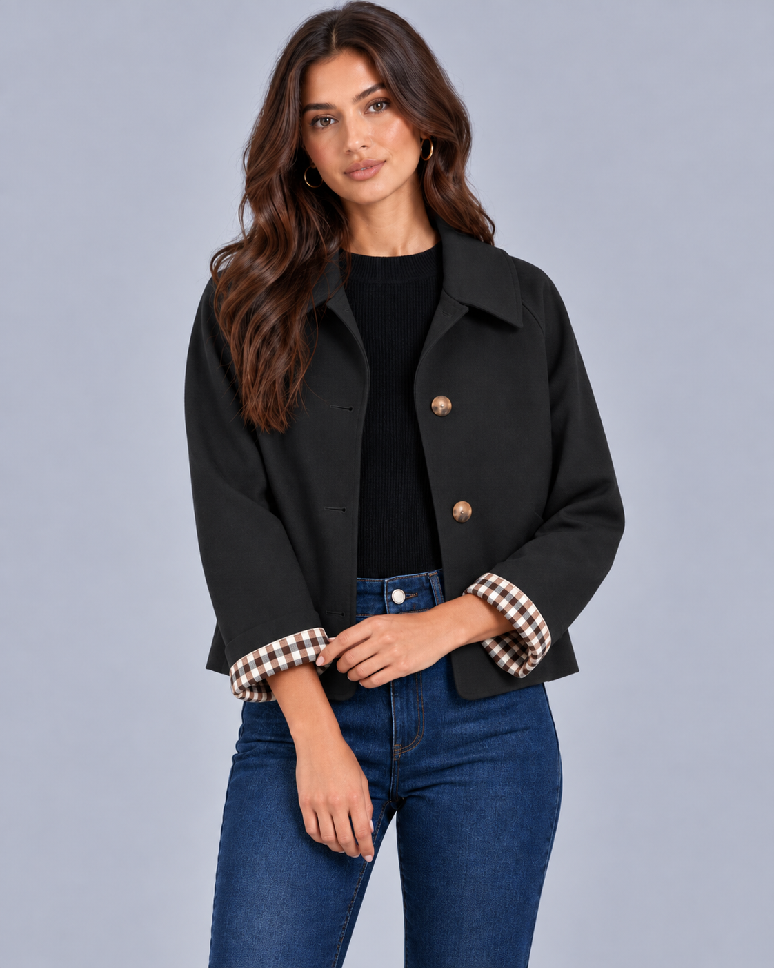 Women's Cropped Trench Jacket with Plaid Lining