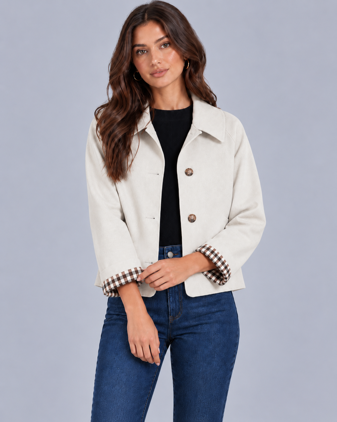 Women's Cropped Trench Jacket with Plaid Lining