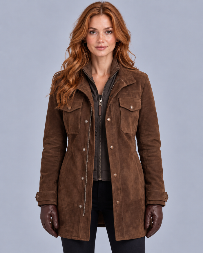 Women's Suede Finish Long Jacket with Zip Front and Flap Pockets