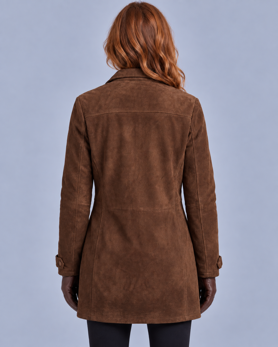 Women's Suede Finish Long Jacket with Zip Front and Flap Pockets