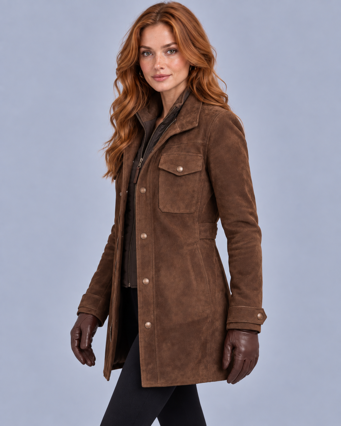 Women's Suede Finish Long Jacket with Zip Front and Flap Pockets