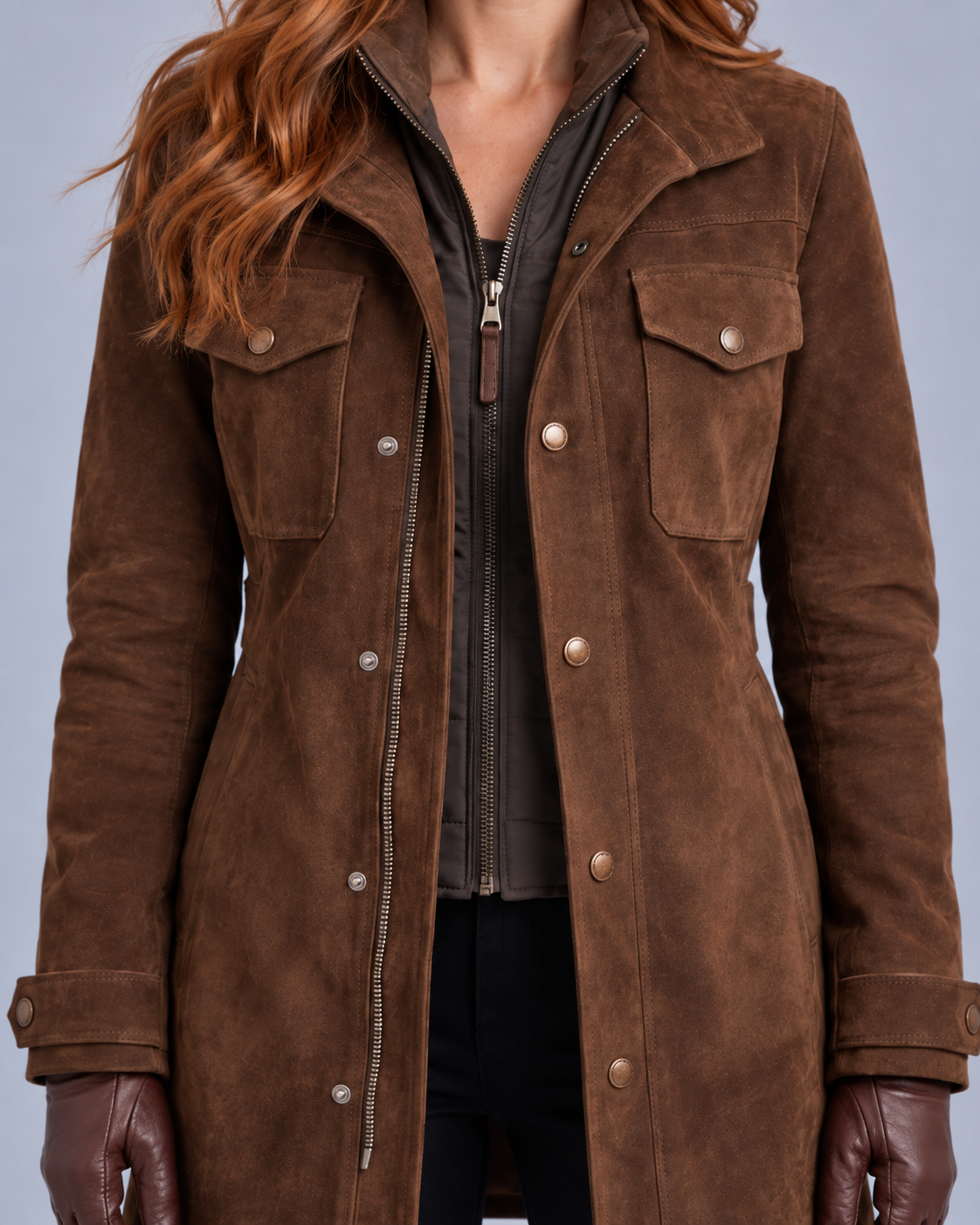 Women's Suede Finish Long Jacket with Zip Front and Flap Pockets