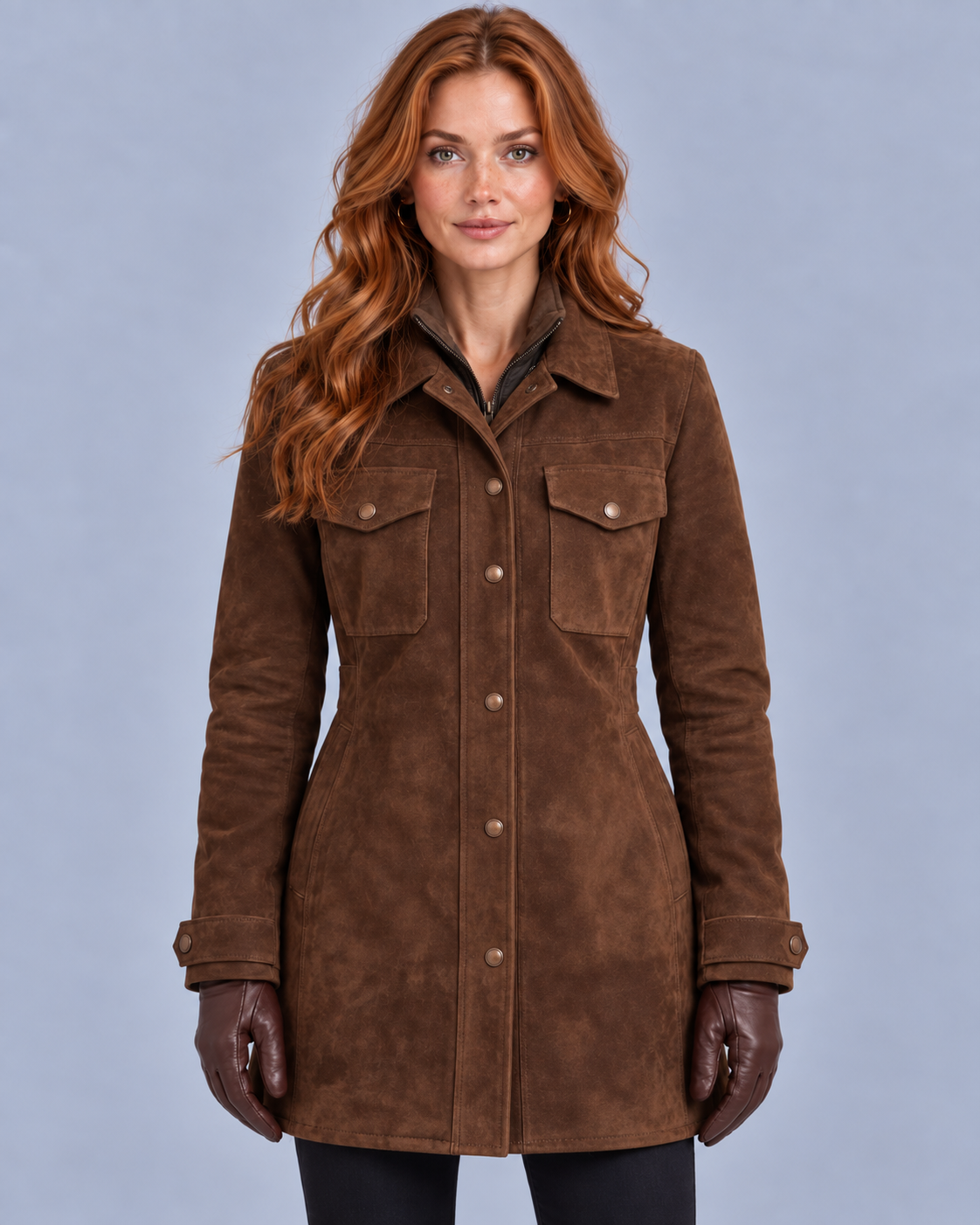 Women's Suede Finish Long Jacket with Zip Front and Flap Pockets