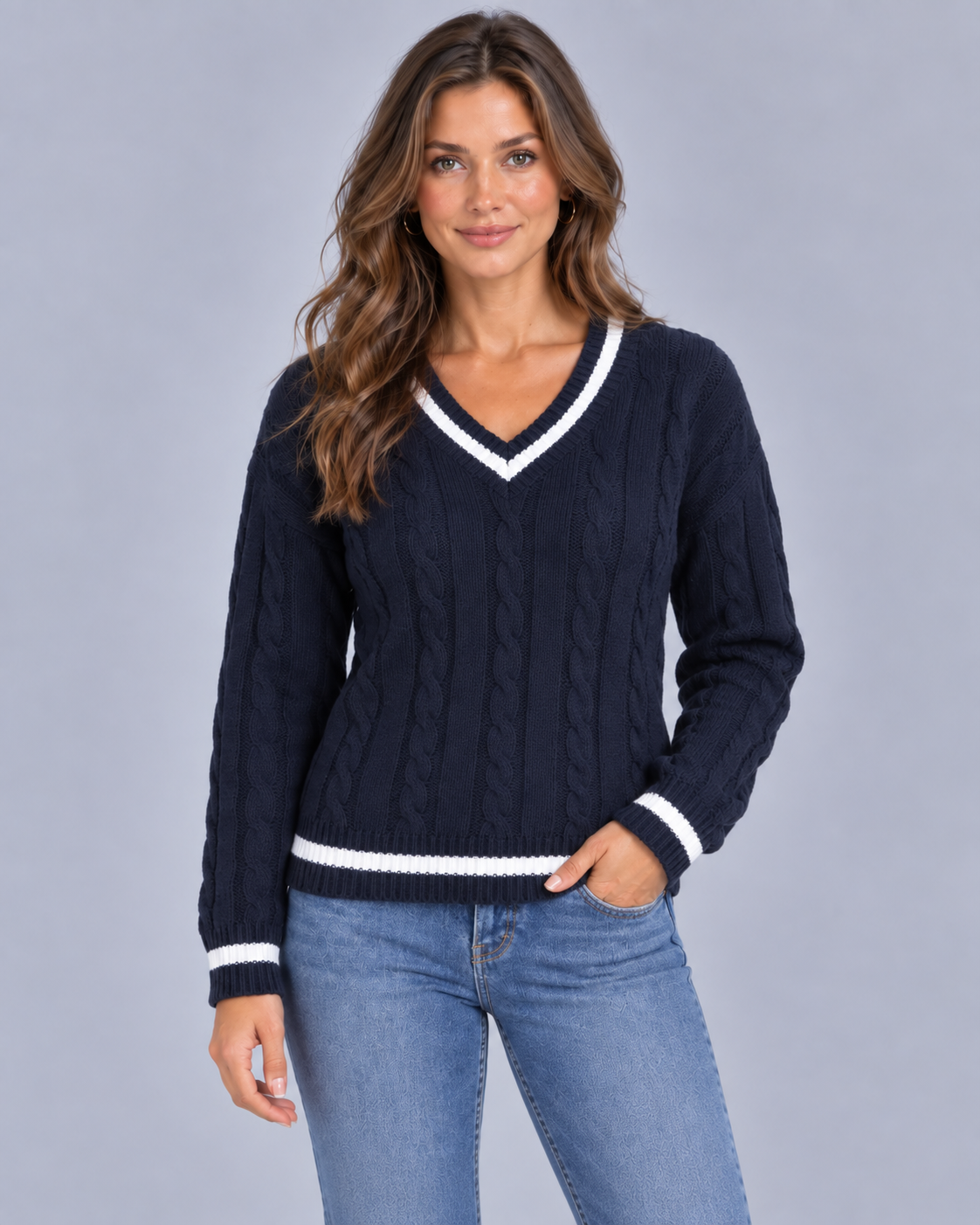 Women's Soft Cable Knit Jumper | V-Neck Pullover Sweater