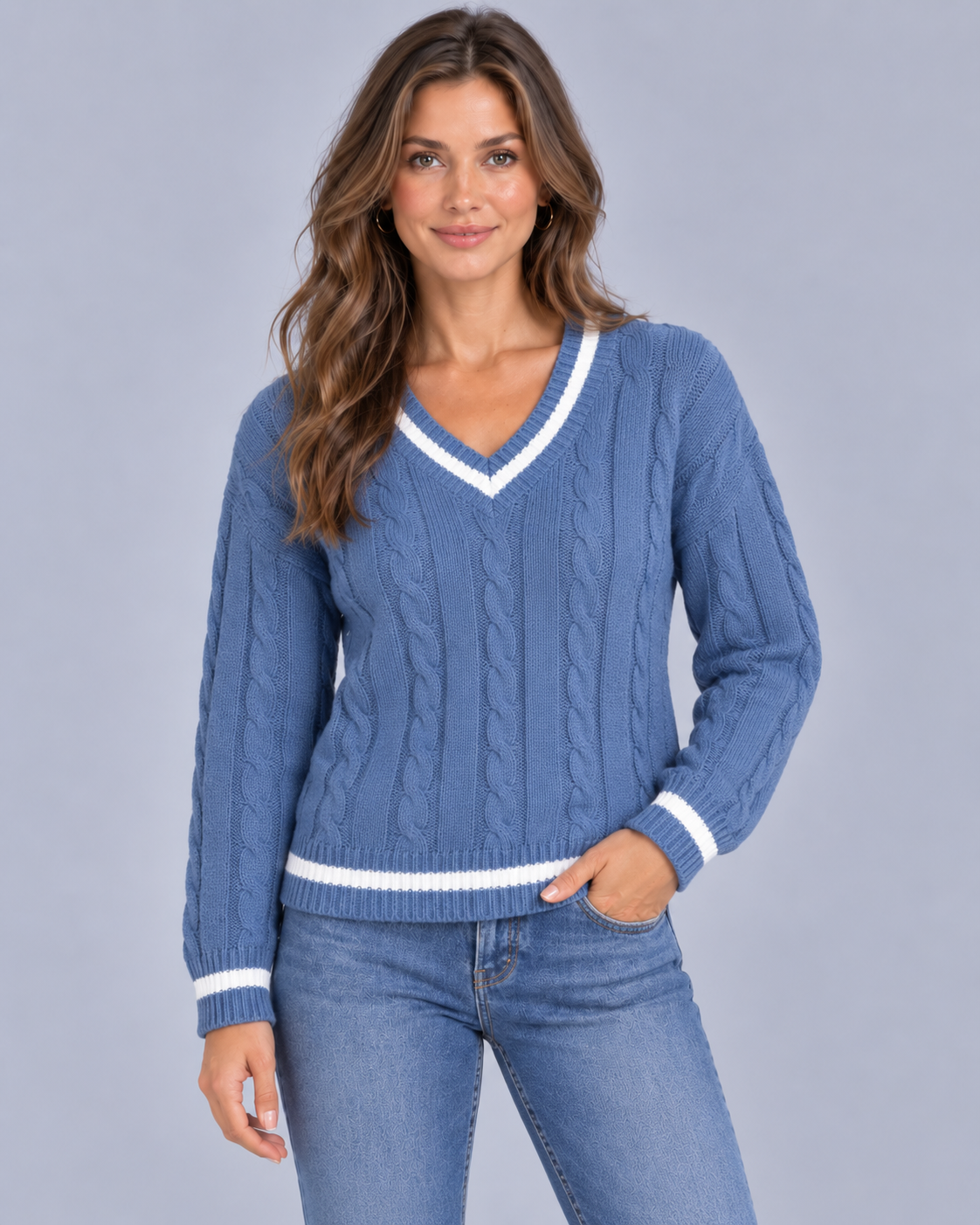 Women's Soft Cable Knit Jumper | V-Neck Pullover Sweater