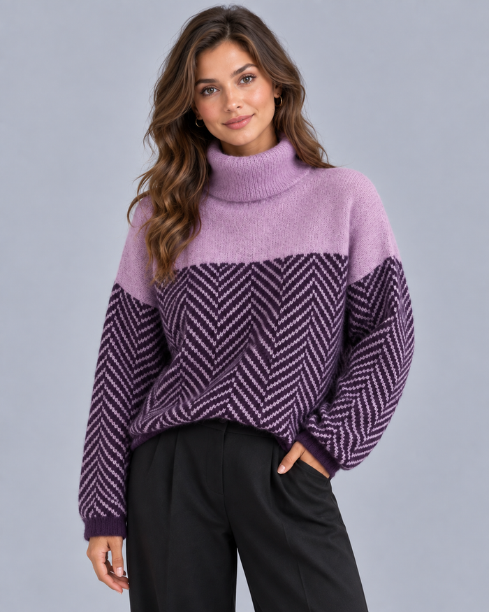 Women's Herringbone Knit Turtleneck Jumper | Oversized Sweater Fit