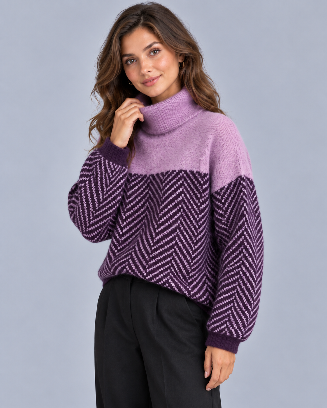 Women's Herringbone Knit Turtleneck Jumper | Oversized Sweater Fit