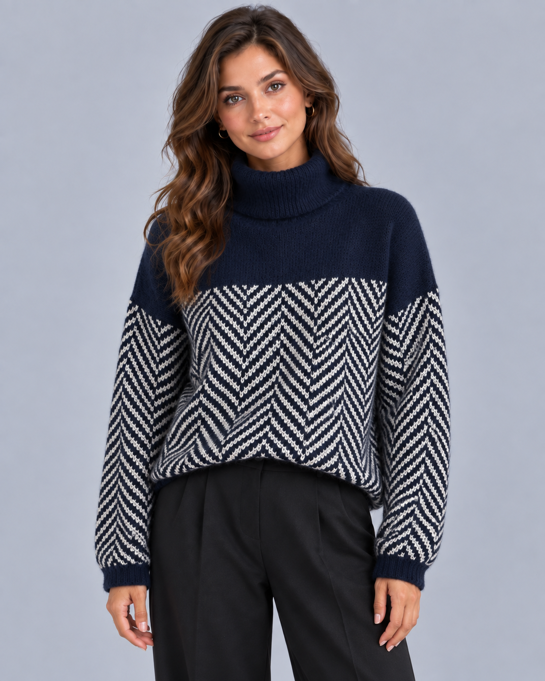 Women's Herringbone Knit Turtleneck Jumper | Oversized Sweater Fit