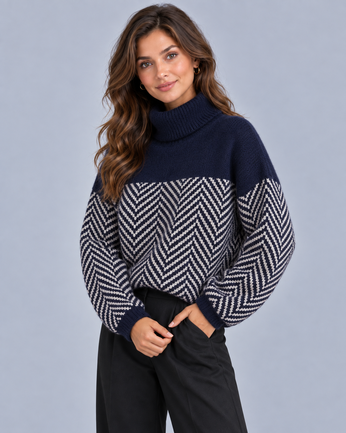 Women's Herringbone Knit Turtleneck Jumper | Oversized Sweater Fit