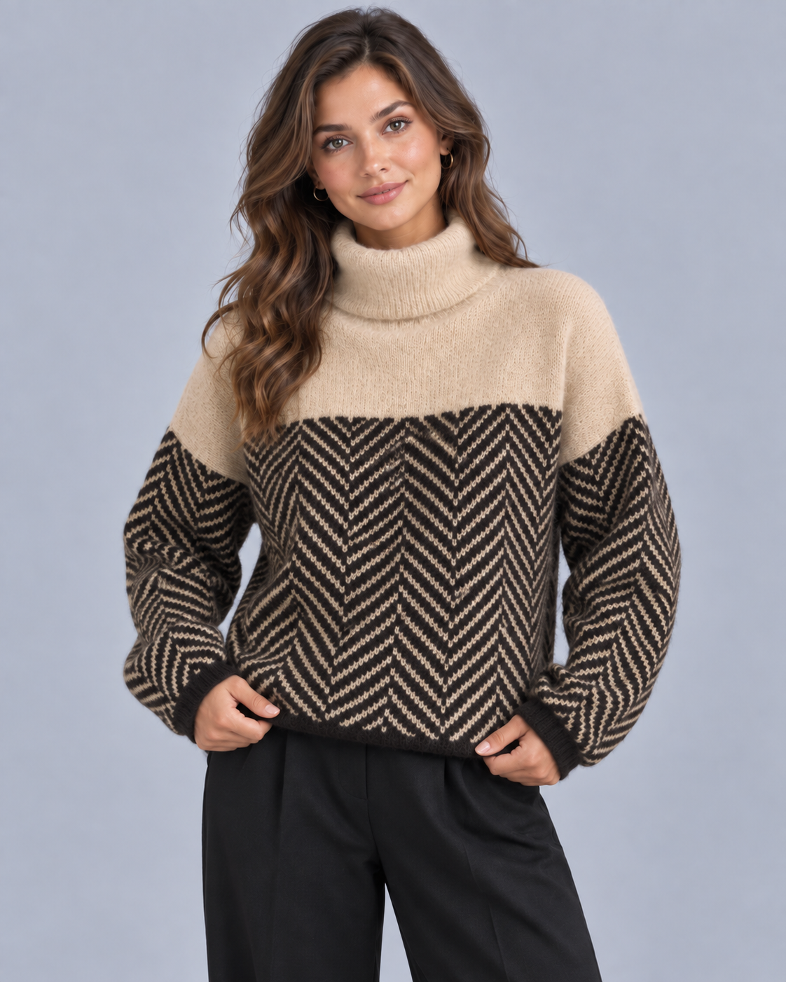 Women's Herringbone Knit Turtleneck Jumper | Oversized Sweater Fit