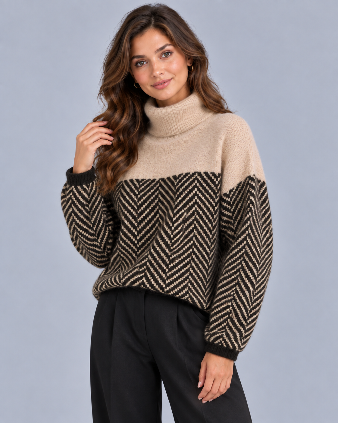 Women's Herringbone Knit Turtleneck Jumper | Oversized Sweater Fit