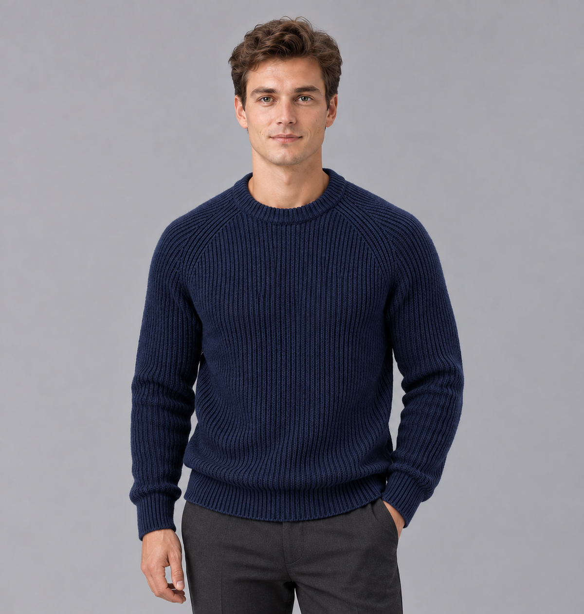 Men's Heavyweight Ribbed Knit Sweater | Round Neck Jumper