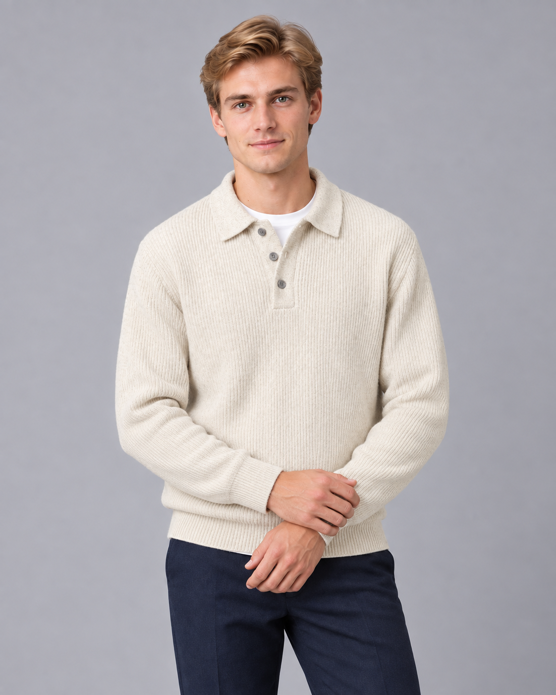 Men's Lightweight Knit Polo Jumper | Classic Collared Sweater with Buttons