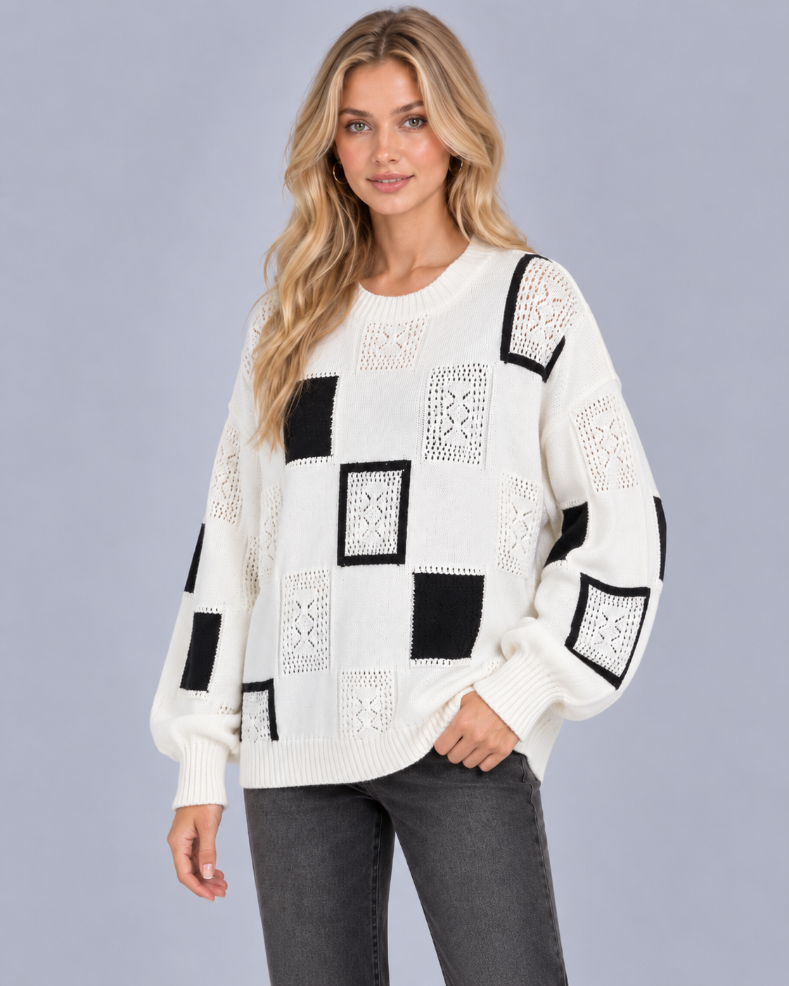 Women's Soft Knit Printed Jumper | Crewneck Sweater with Oversized Fit
