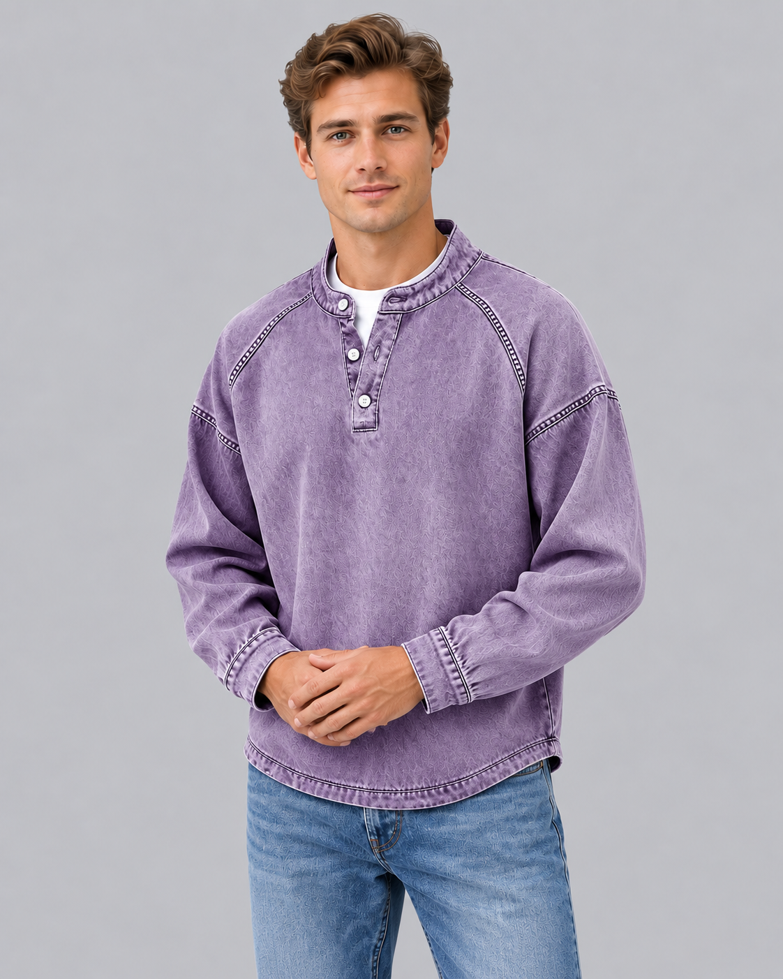Men's Washed Vintage Henley Sweater | Long Sleeve Retro Jumper