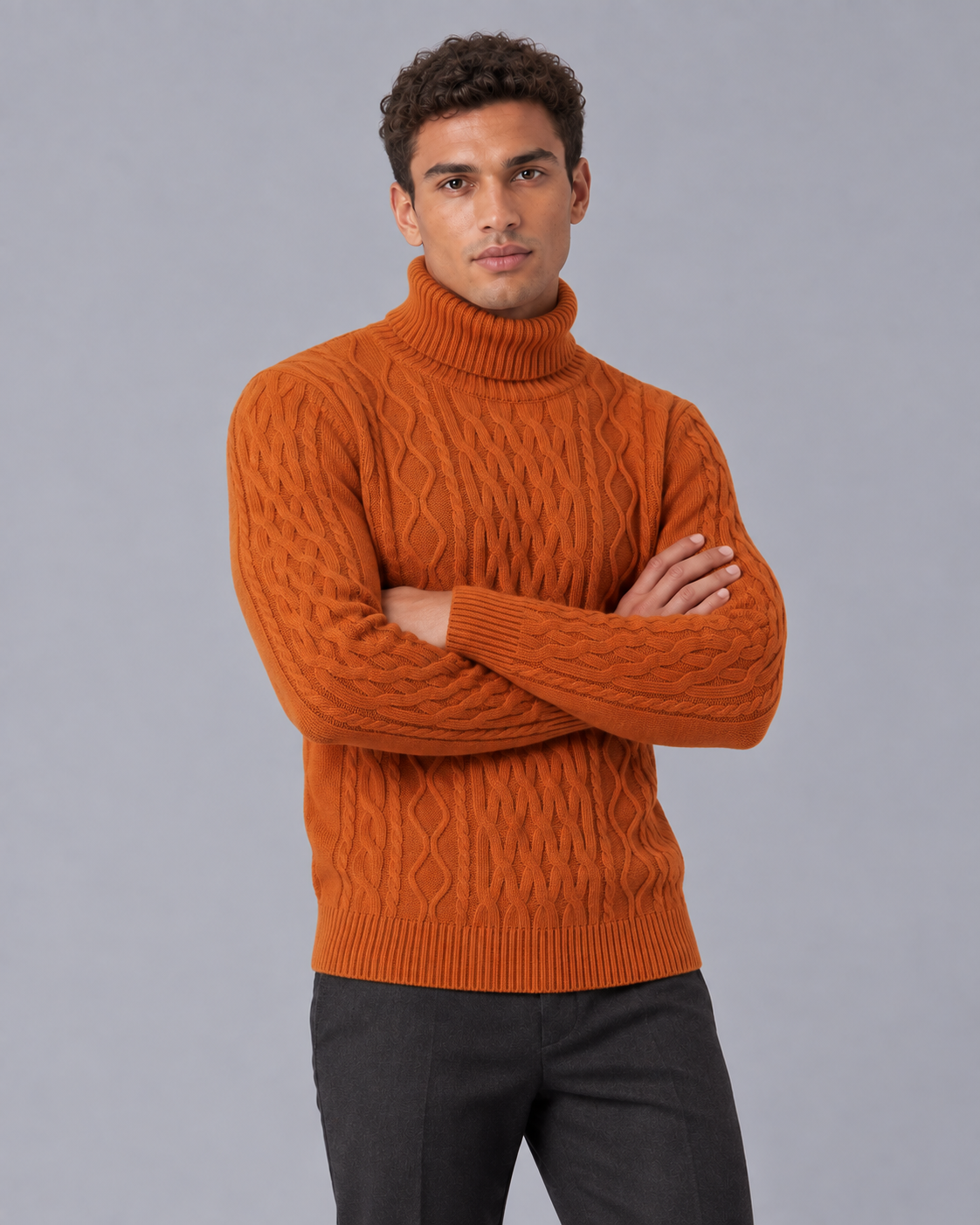 Men's Wool Cable Knit Roll Neck Jumper