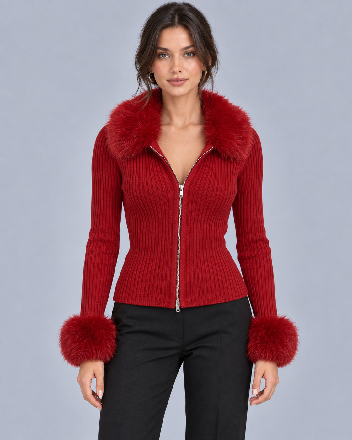 Women's Ribbed Knit Cardigan Sweater | Elegant Faux Fur Trim Long Sleeve Zip-Up