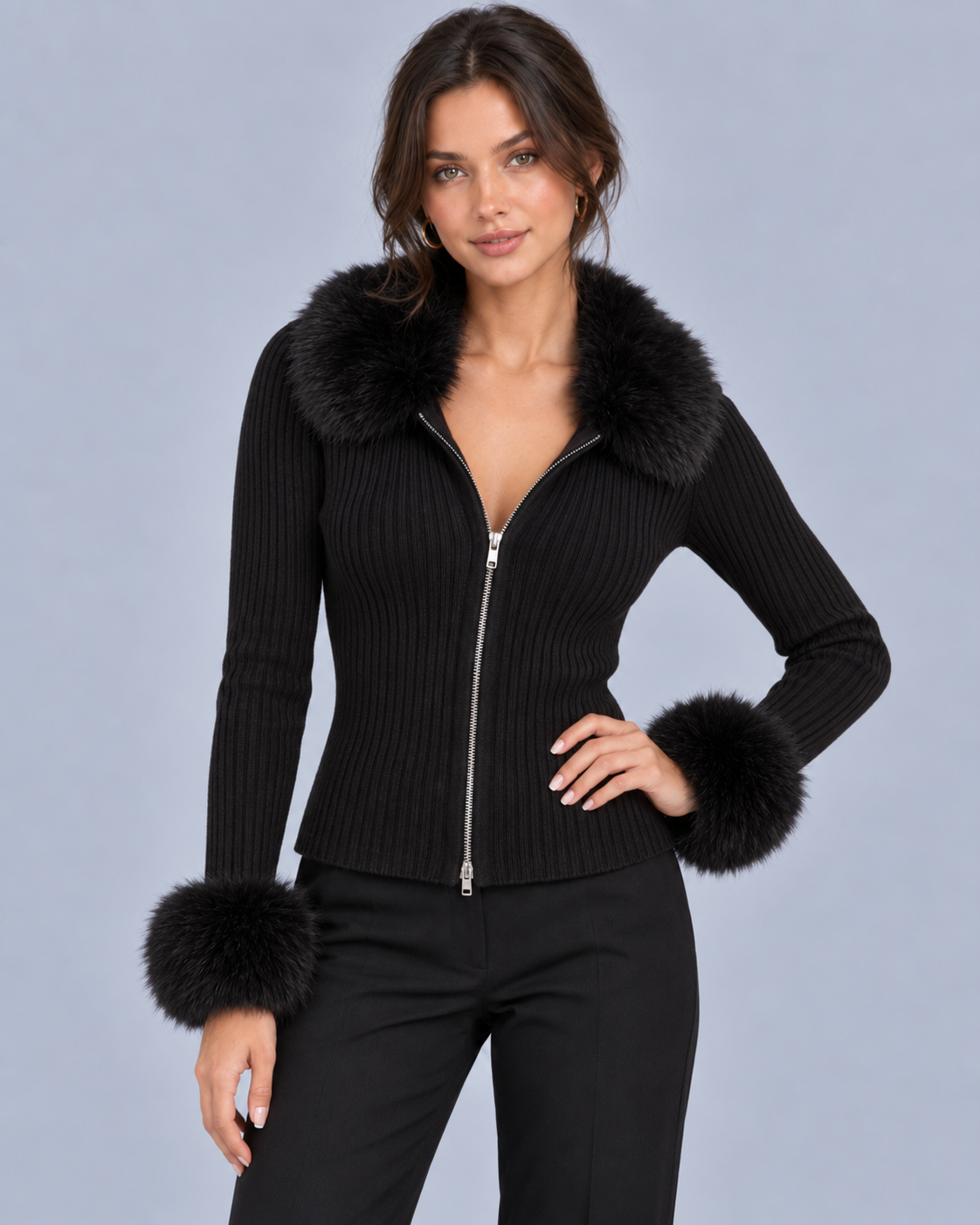 Women's Ribbed Knit Cardigan Sweater | Elegant Faux Fur Trim Long Sleeve Zip-Up