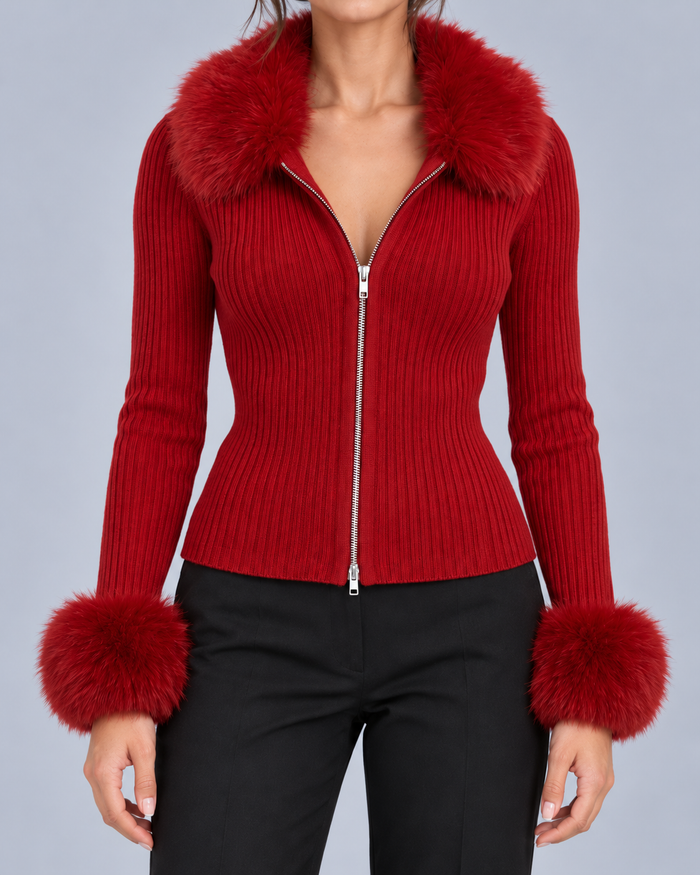 Women's Ribbed Knit Cardigan Sweater | Elegant Faux Fur Trim Long Sleeve Zip-Up