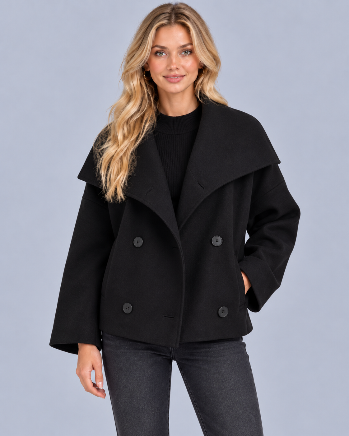 Women's Wool Wrap Jacket | Oversized Collar Short Coat