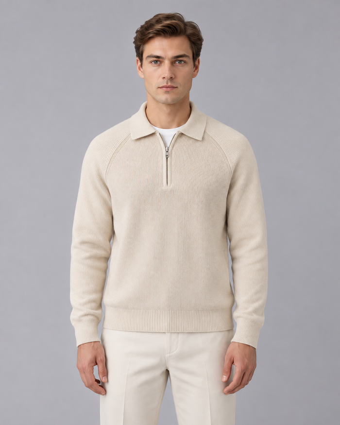 Men's Knitted Quarter-Zip Sweater with Collar and Raglan Sleeves