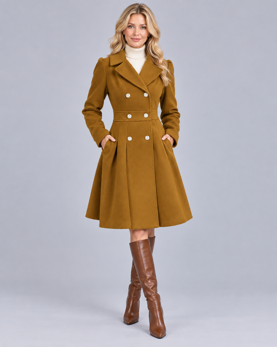 Women's Wool Longline Coat | Fitted Waist Flaired Skirt Jacket