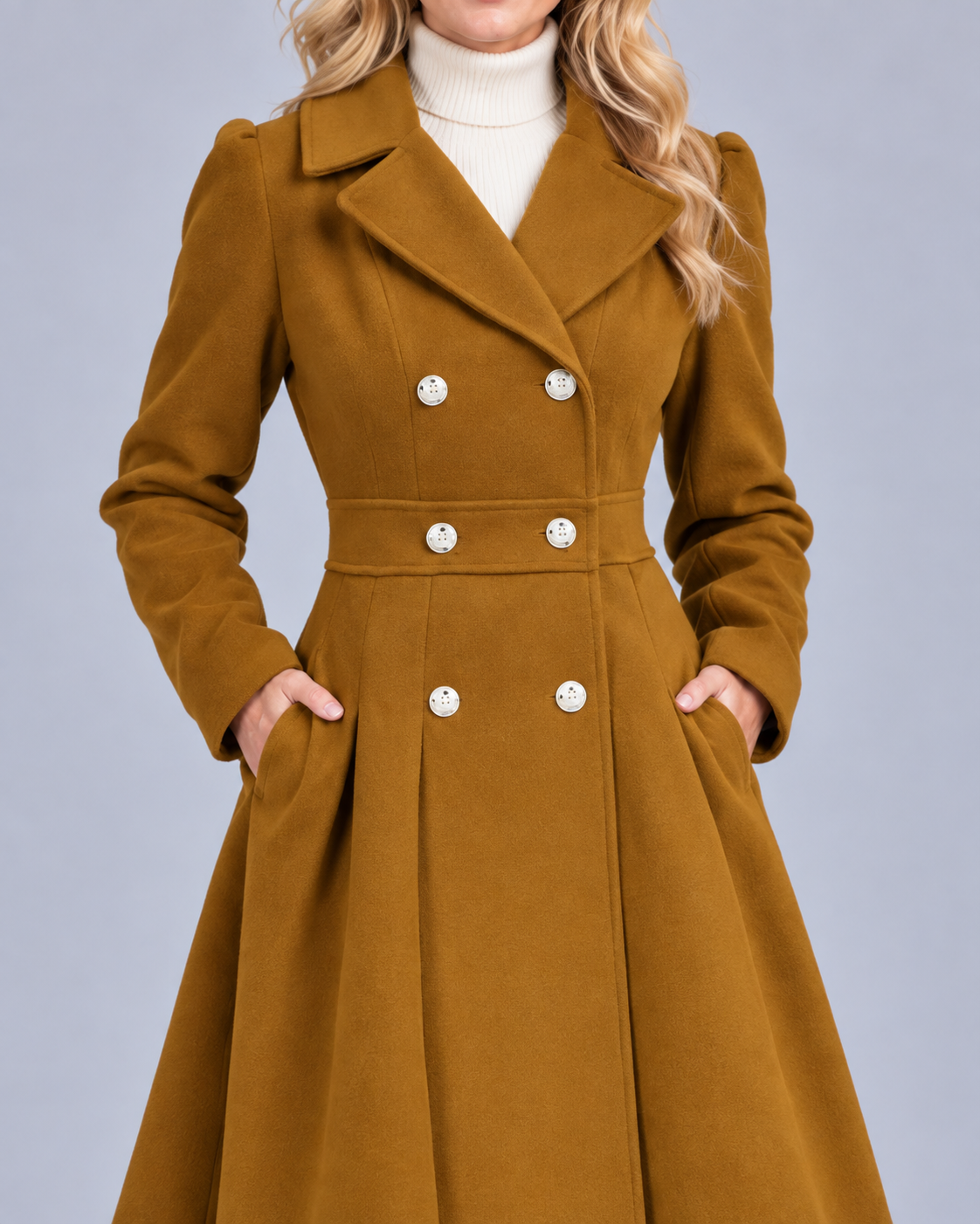 Women's Wool Longline Coat | Fitted Waist Flaired Skirt Jacket