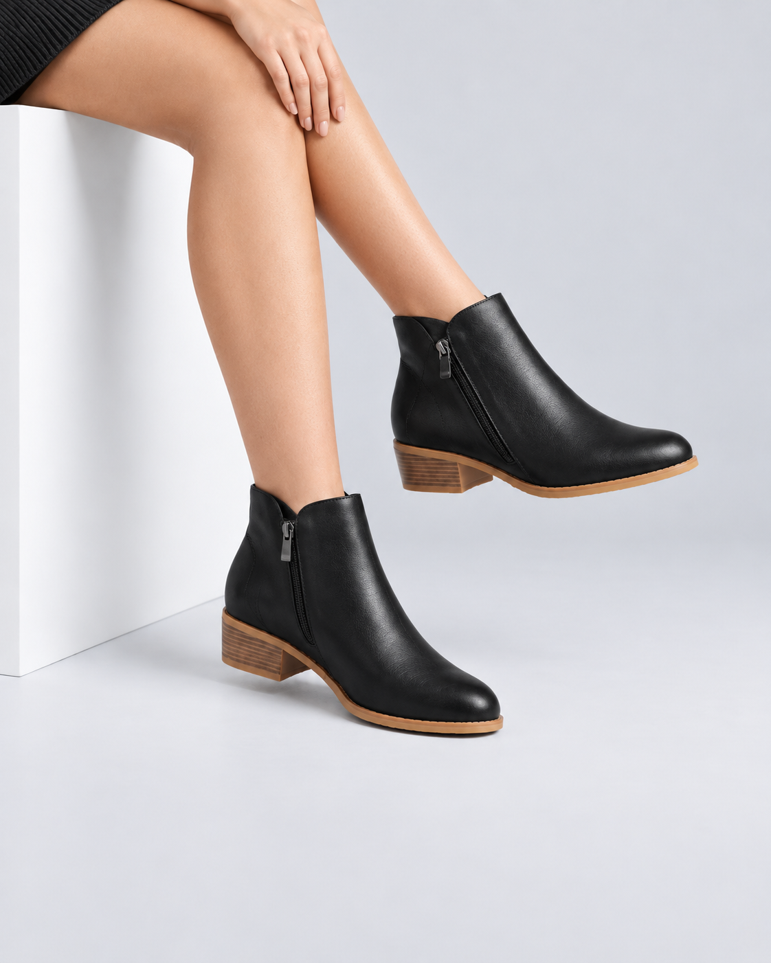 Women's Structured Leather Ankle Boots with Low Block Heel