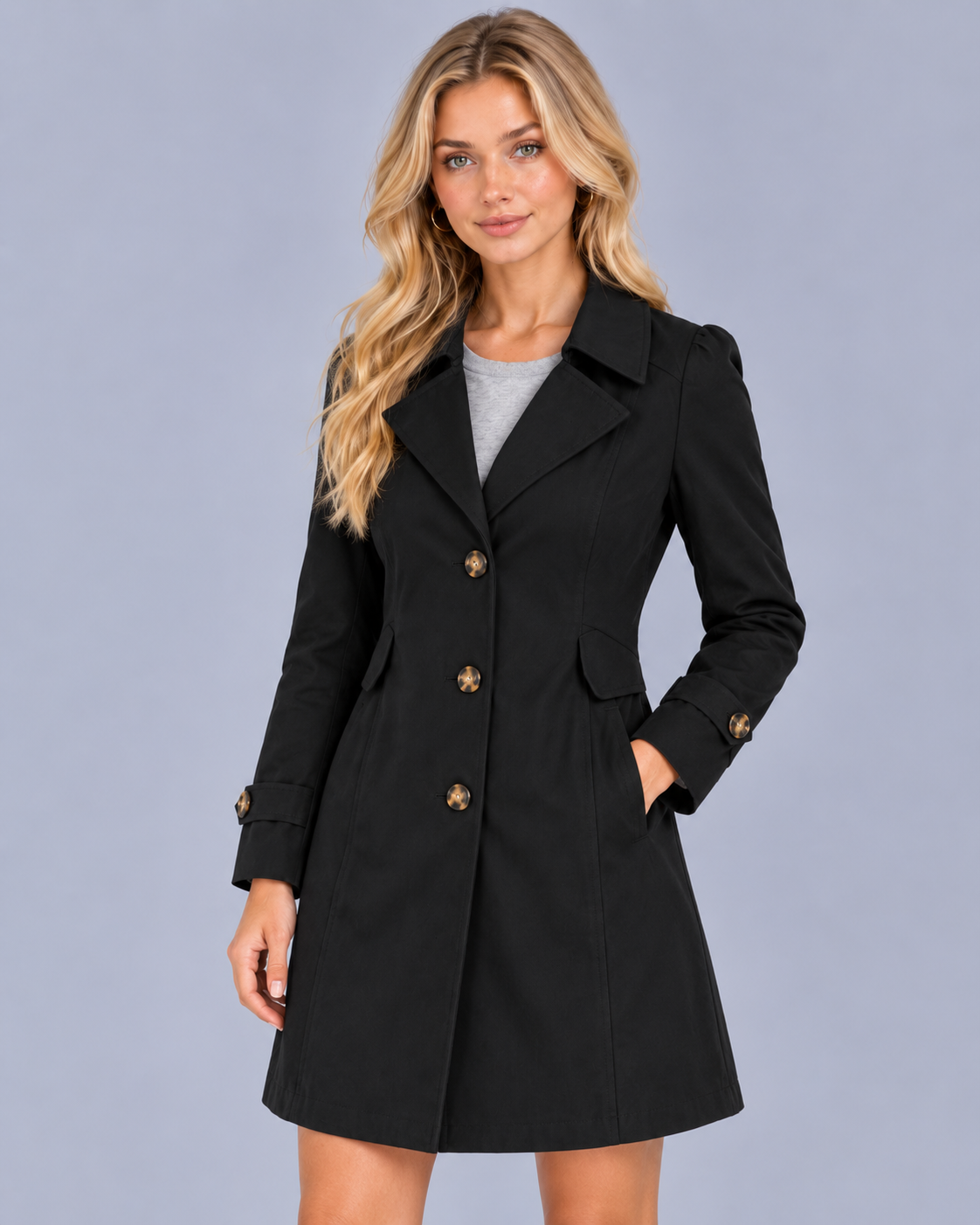 Women’s Short Trench Coat – Tailored Button Front Jacket