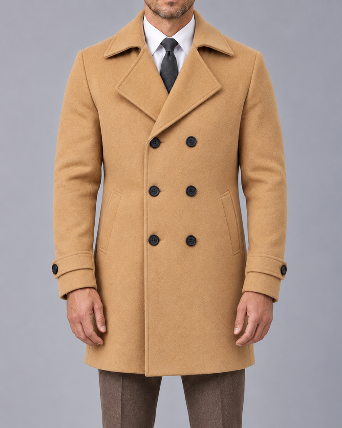 Men's Double-Breasted Wool Overcoat - Wide Lapel