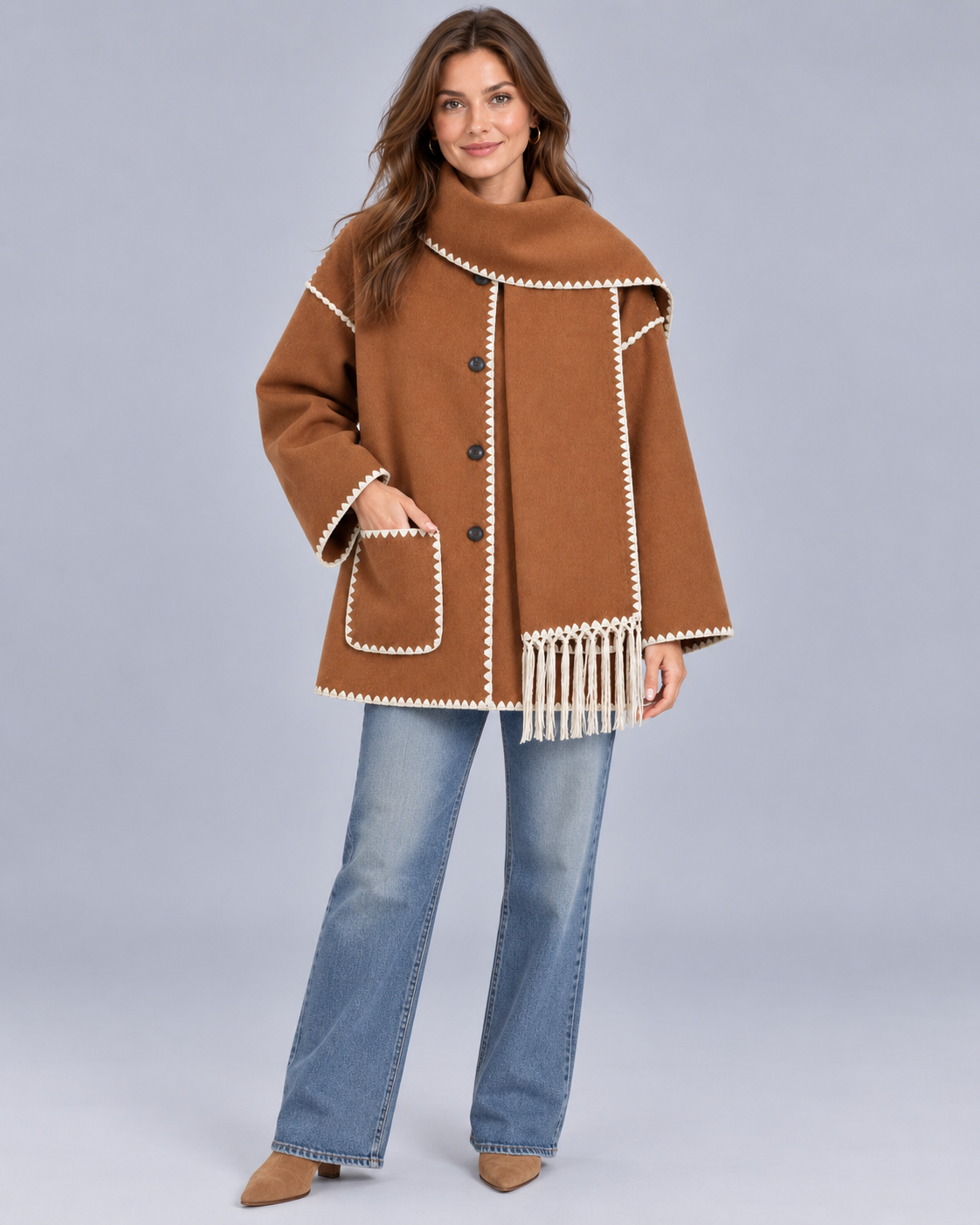 Women's Oversized Whipstitch Fringe Scarf Coat