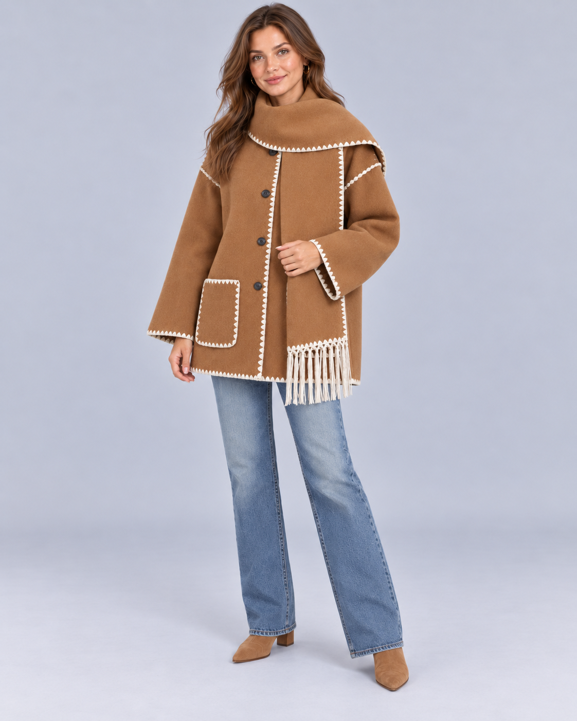 Women's Oversized Whipstitch Fringe Scarf Coat