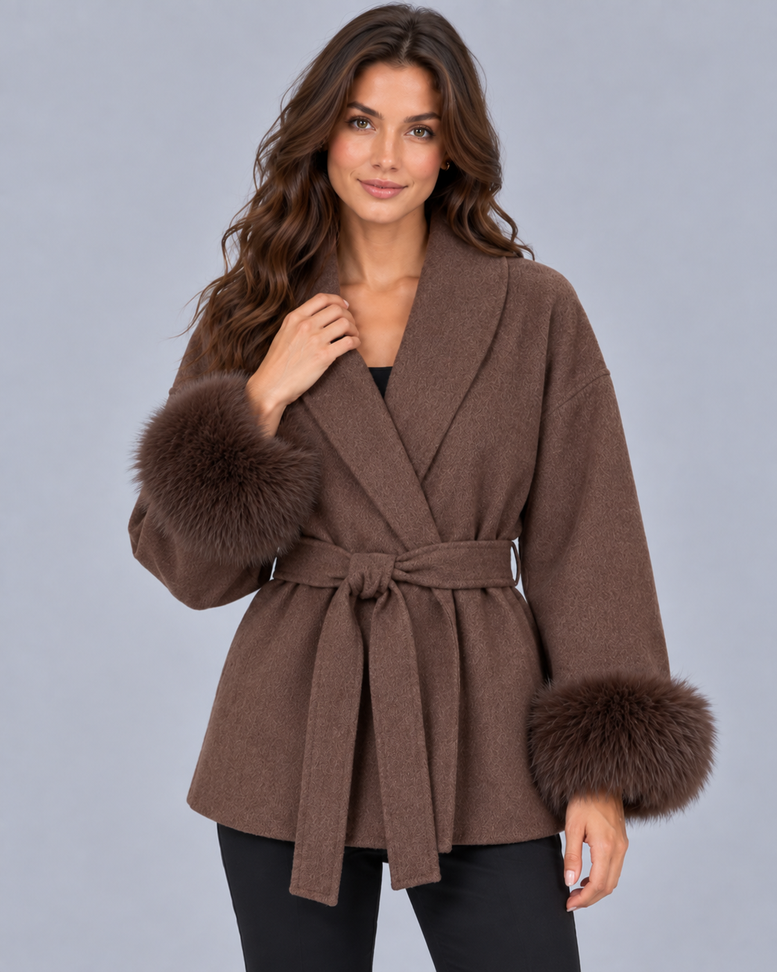Women's Belted Wrap Coat with Faux Fur Cuffs and Shawl Collar