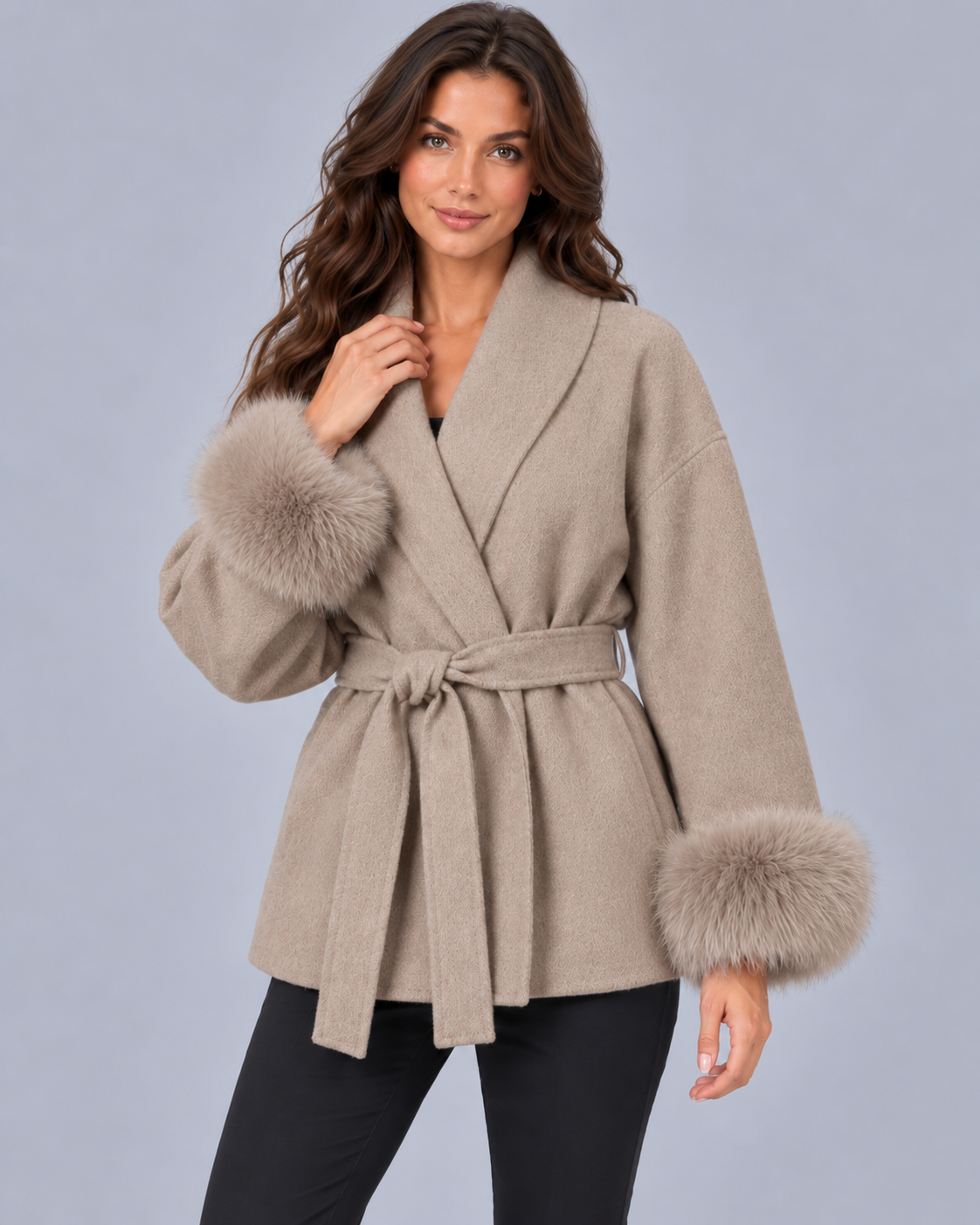 Women's Belted Wrap Coat with Faux Fur Cuffs and Shawl Collar