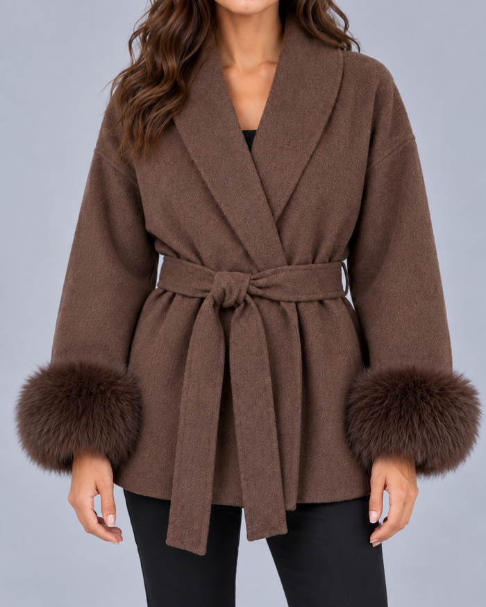 Women's Belted Wrap Coat with Faux Fur Cuffs and Shawl Collar