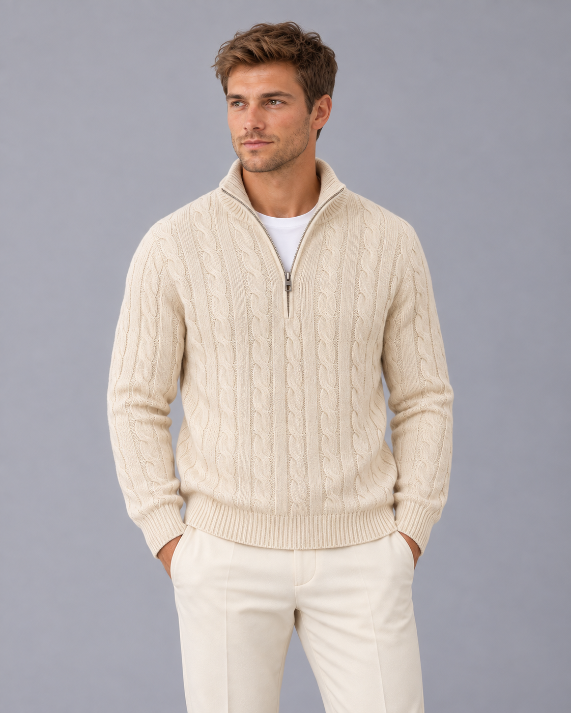 Men's Cable Knit Quarter Zip Sweater | Smart Jumper Fit