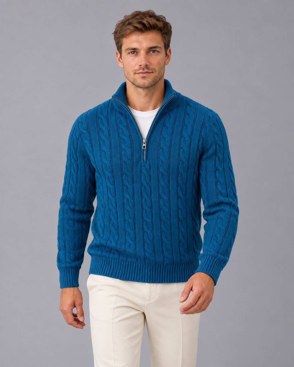Men's Cable Knit Quarter Zip Sweater | Smart Jumper Fit