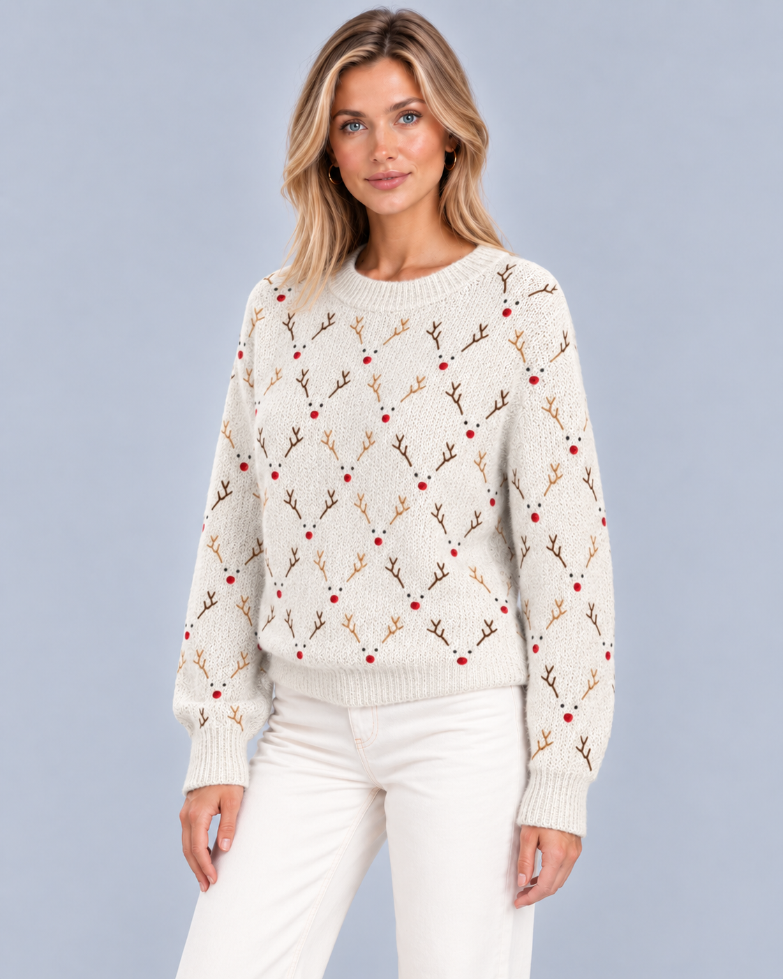 Women's Cozy Crewneck Knitted Jumper | Classic Christmas Reindeer Design with Regular Fit