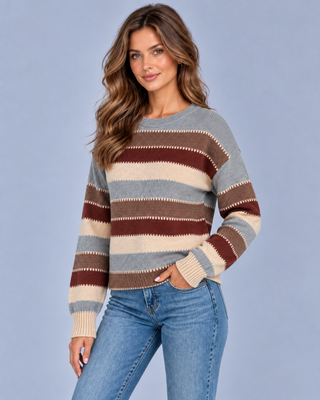 Women's Vintage Striped Crew Neck Jumper | Long Sleeve Knitted Pullover with Loose Fit