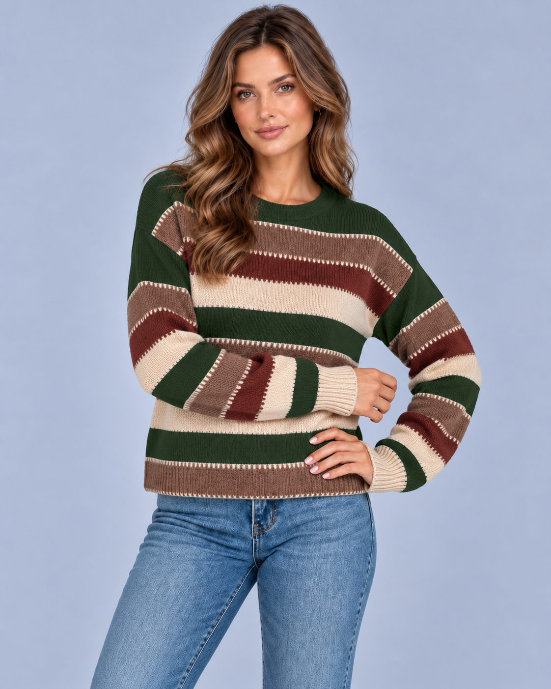 Women's Vintage Striped Crew Neck Jumper | Long Sleeve Knitted Pullover with Loose Fit