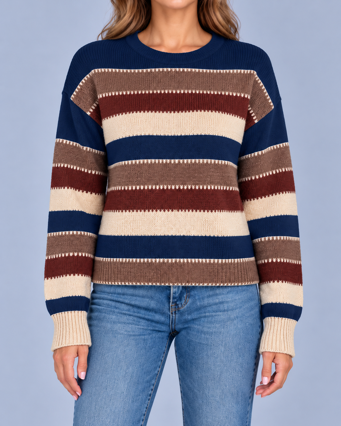 Women's Vintage Striped Crew Neck Jumper | Long Sleeve Knitted Pullover with Loose Fit