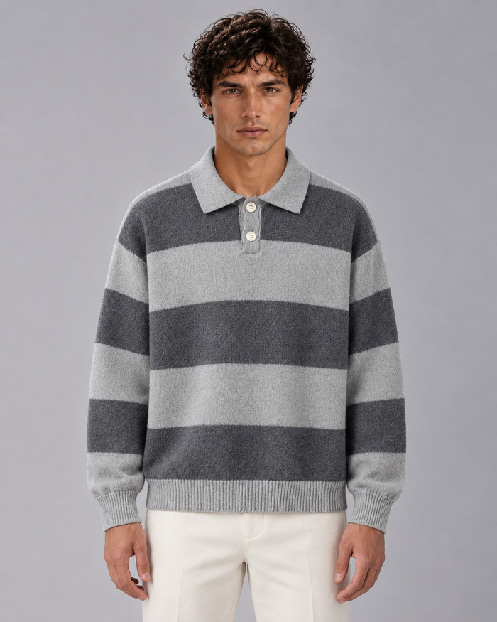 Men's Rugby Stripe Knitted Polo Sweater | Relaxed Fit Long Sleeve Jumper