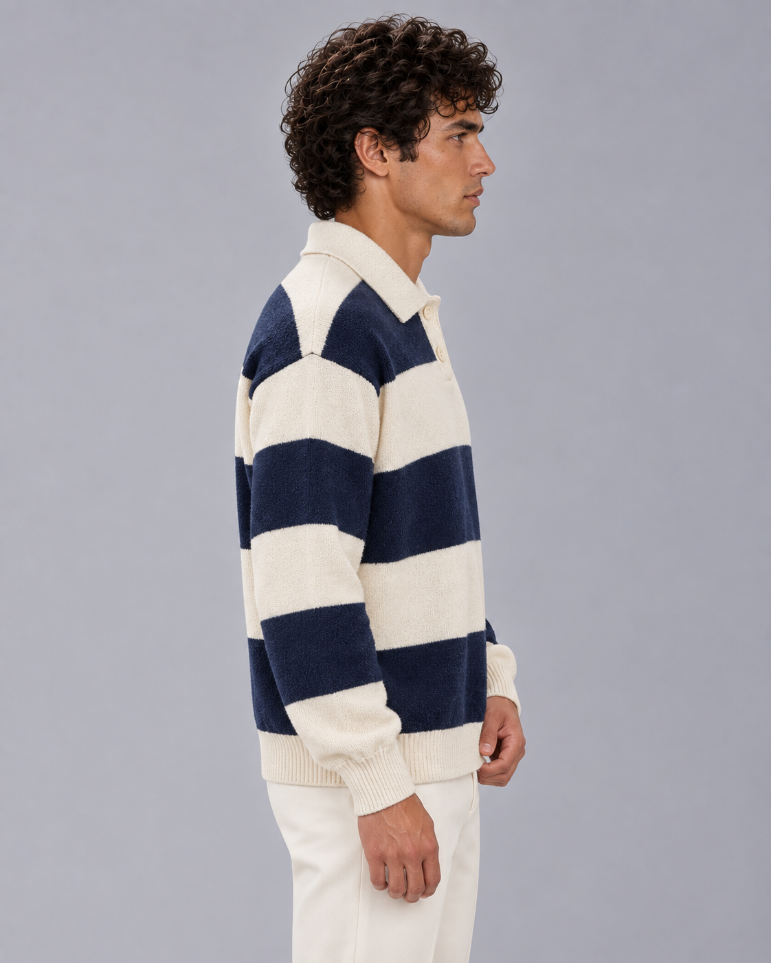 Men's Rugby Stripe Knitted Polo Sweater | Relaxed Fit Long Sleeve Jumper