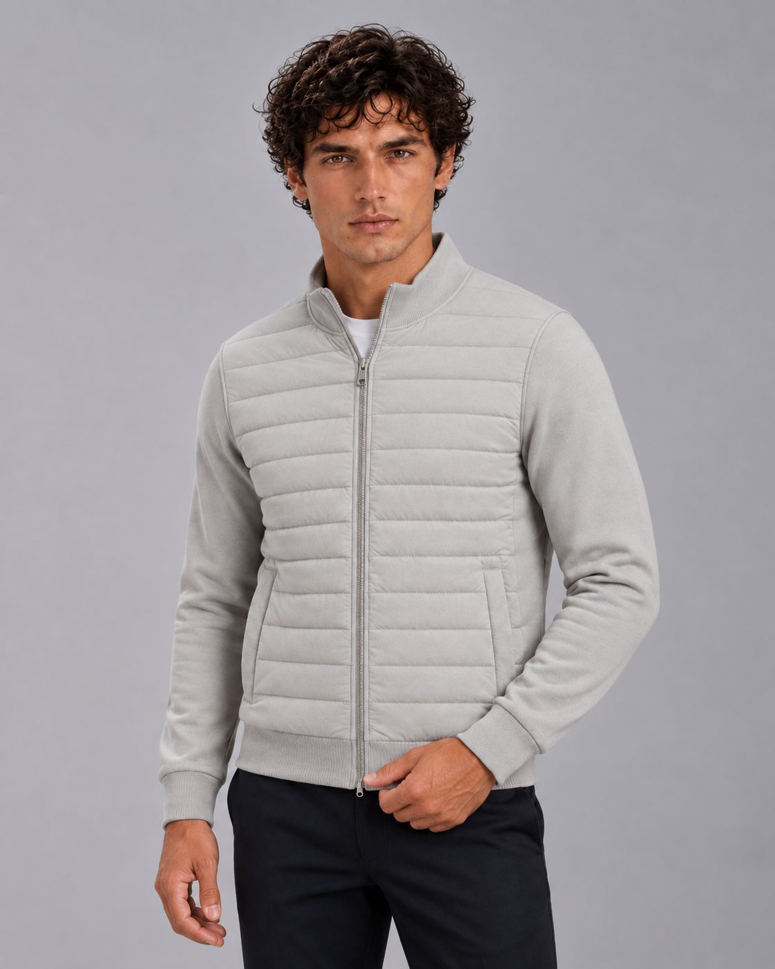 Men’s Quilted Hybrid Jacket – Knit Sleeve Zip Up